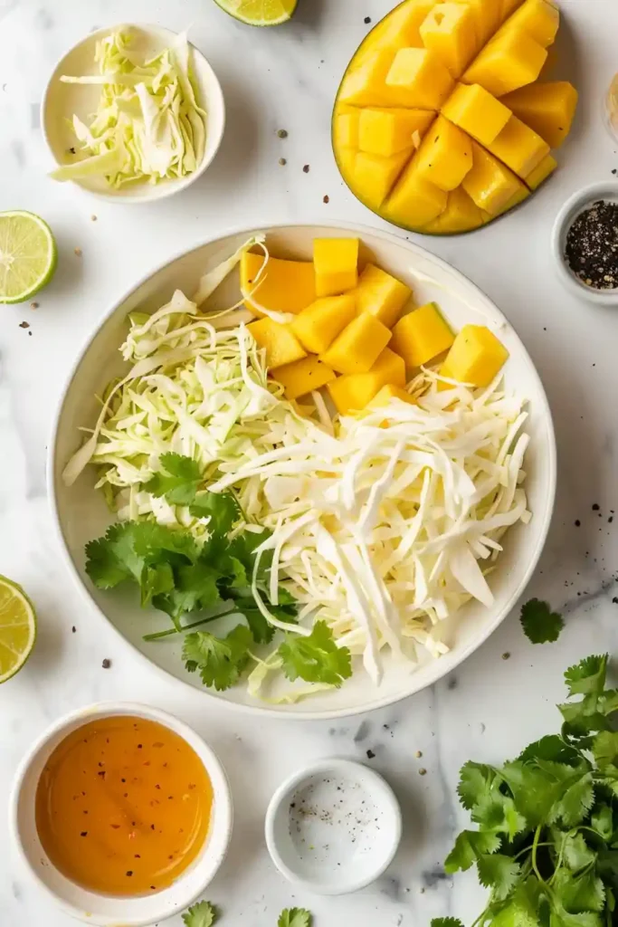 Bright mango coleslaw with shredded cabbage and mango slices.