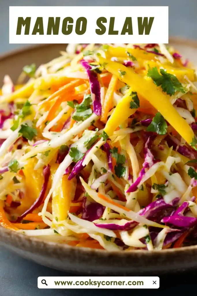 Fresh mango slaw with cabbage, cilantro, and lime dressing.