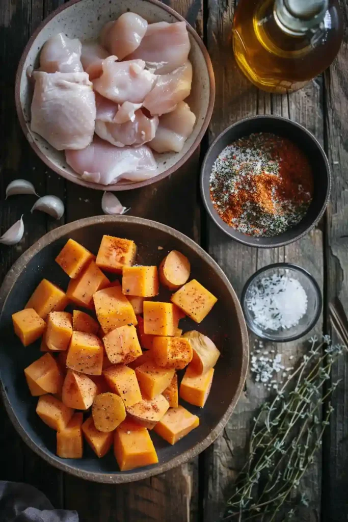 Overhead view of a Maple Dijon Chicken Bowl topped with pecans and fresh thyme. A colorful and nourishing fall-inspired dish.