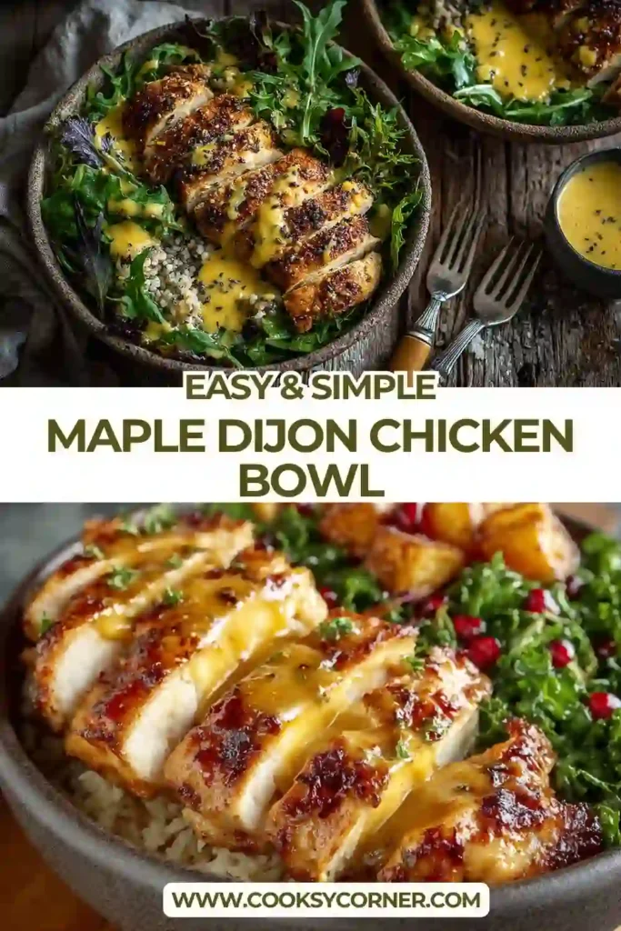Close-up of Maple Dijon Chicken Bowl featuring caramelized sweet potatoes and tender roasted chicken with herbs. A hearty and healthy meal option.