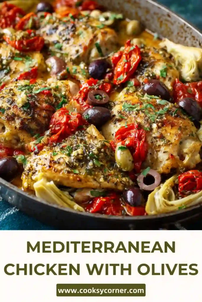 Close-up of Mediterranean chicken with roasted tomatoes, olives, and artichoke hearts garnished with feta cheese.