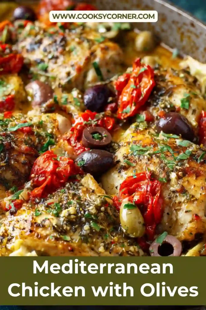 Mediterranean chicken baked with olives, cherry tomatoes, and artichoke hearts in a sheet pan. The chicken is topped with feta cheese and herbs.