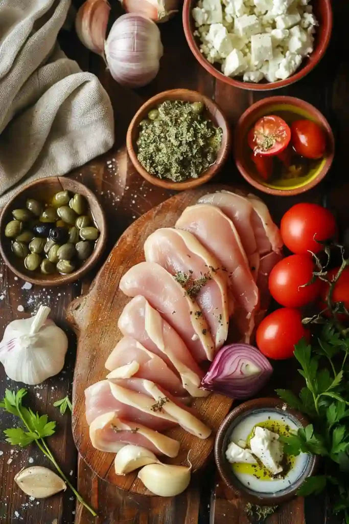 Roasted Mediterranean chicken surrounded by olives, tomatoes, and artichokes in a flavorful herb sauce.