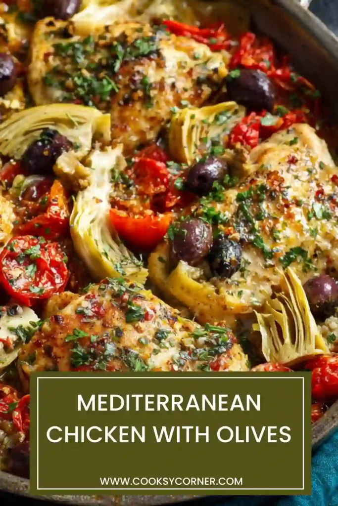 Sheet pan Mediterranean chicken with olives, tomatoes, capers, and artichokes. A colorful Mediterranean baked chicken dinner.