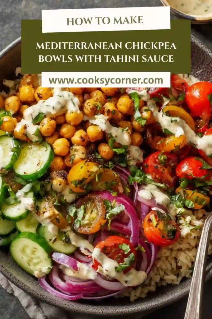 Mediterranean grain bowl with chickpeas, fresh herbs, and vegetables.