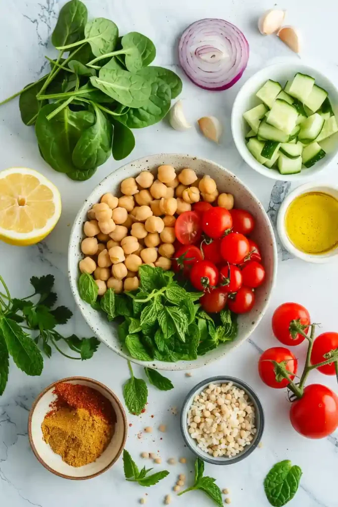 Colorful chickpea bowl topped with creamy tahini dressing.