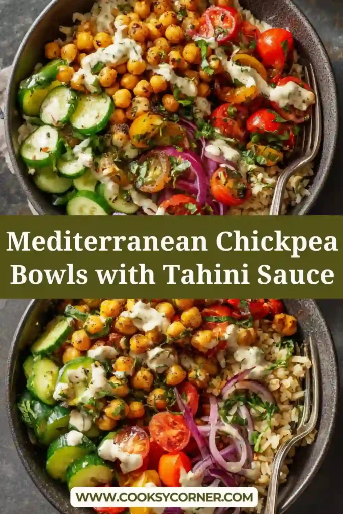 Healthy chickpea buddha bowl with spinach, tomatoes, cucumber, and tahini sauce.