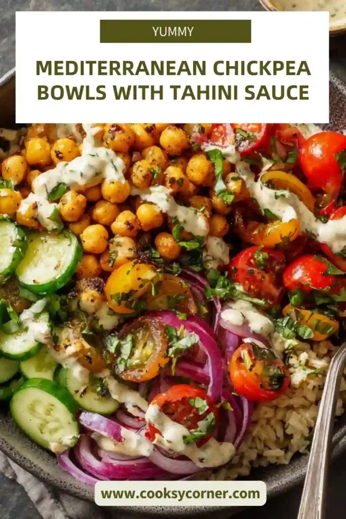 Mediterranean chickpea bowl with tahini dressing, vegetables, and brown rice.