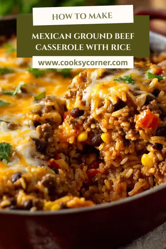 Ground beef rice casserole served with melted cheese and fresh herbs.