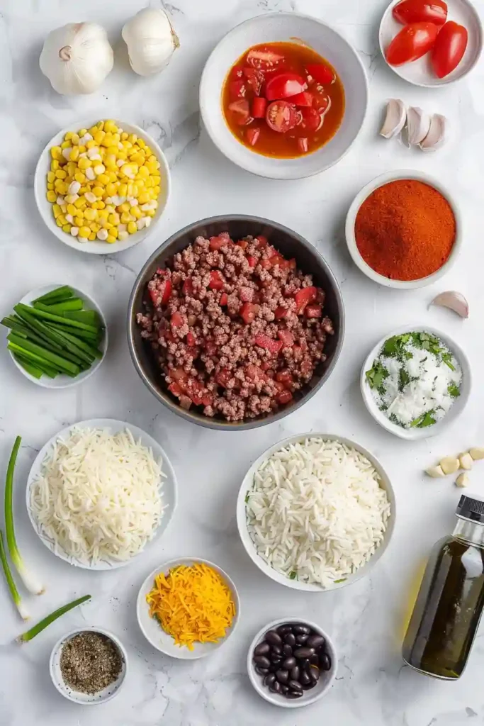 Hearty Mexican casserole with seasoned beef, rice, and vegetables.