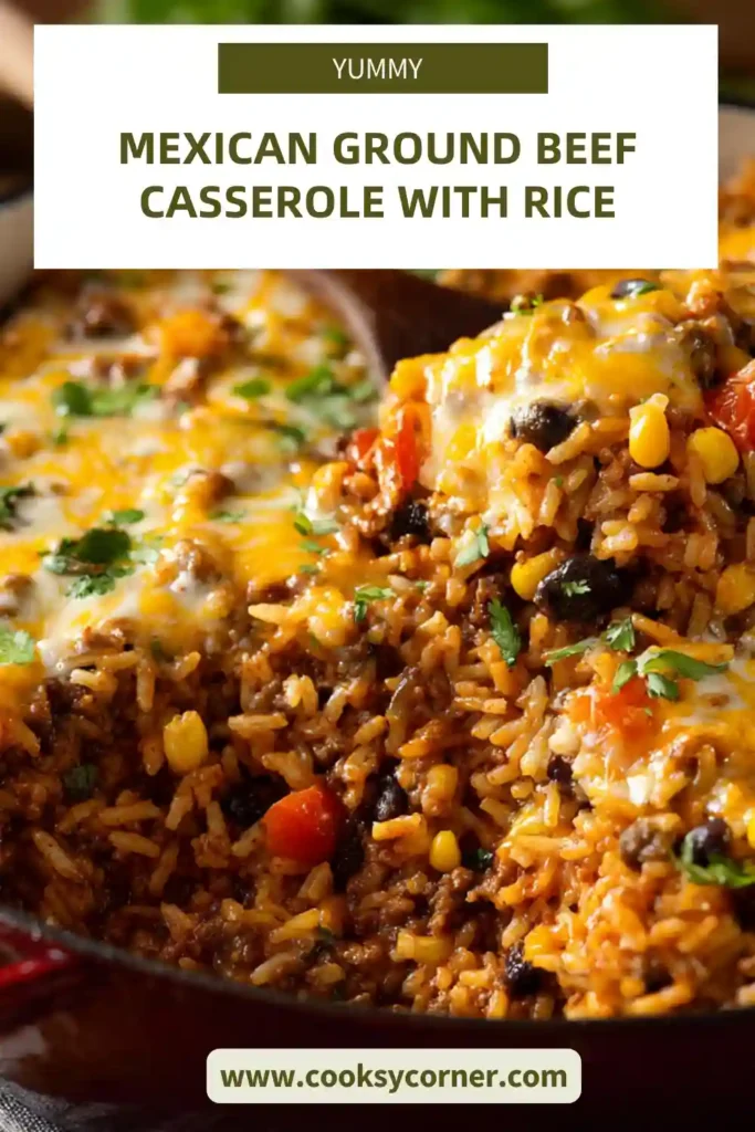 One-pot Mexican beef and rice casserole with beans, corn, and bell peppers.