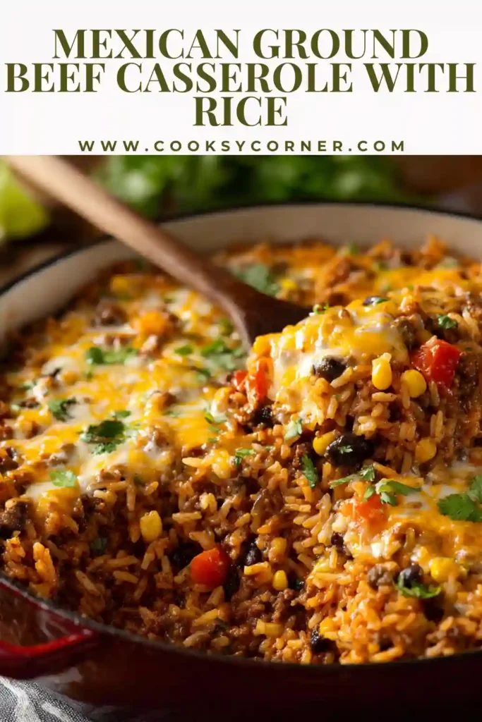 Mexican ground beef casserole with rice topped with melted cheese and green onions.