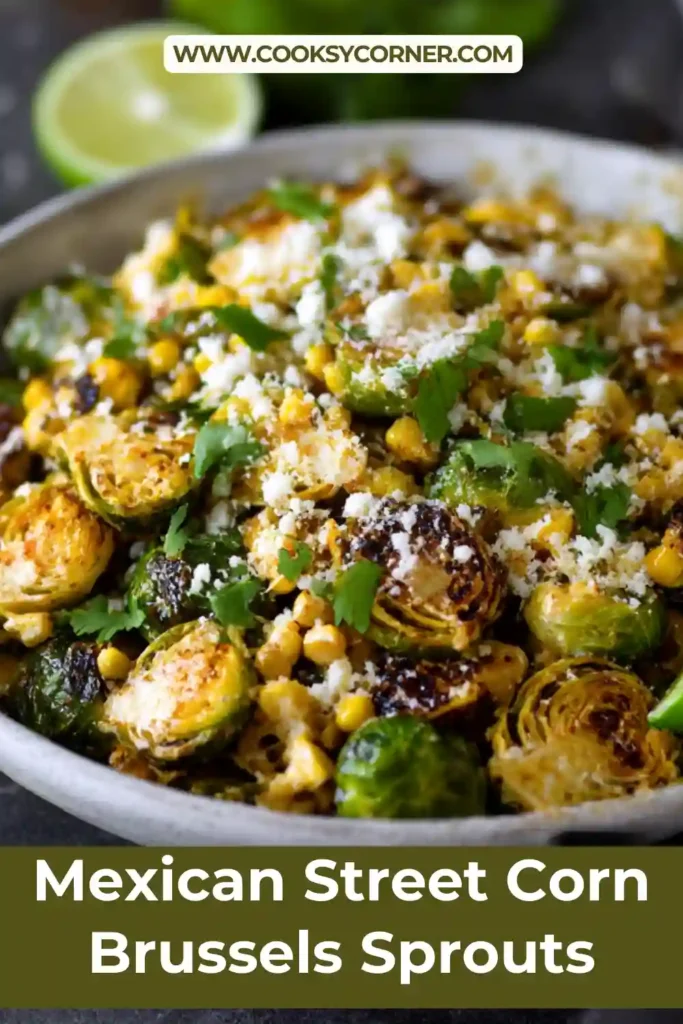 Brussels sprouts topped with Mexican street corn sauce and lime.