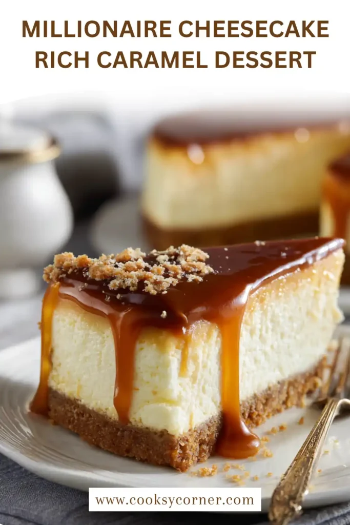 Close-up of layered cheesecake with caramel and chocolate topping.