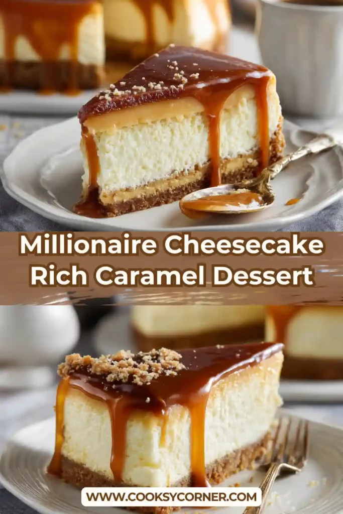 Close-up of layered cheesecake with caramel and chocolate topping.