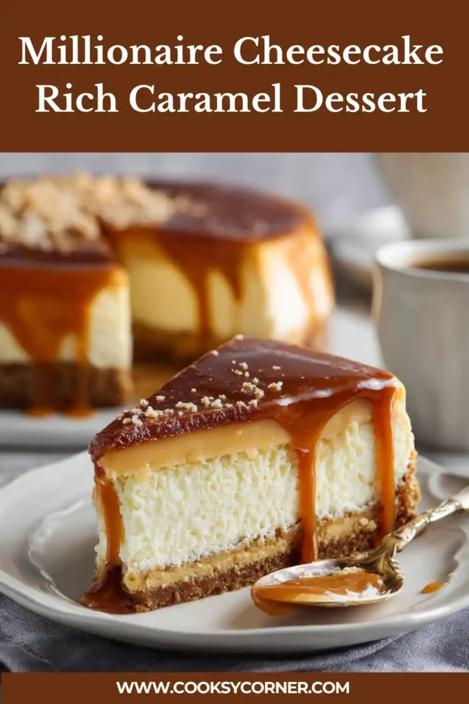 Millionaire cheesecake with caramel layer and chocolate ganache topping on a slice.