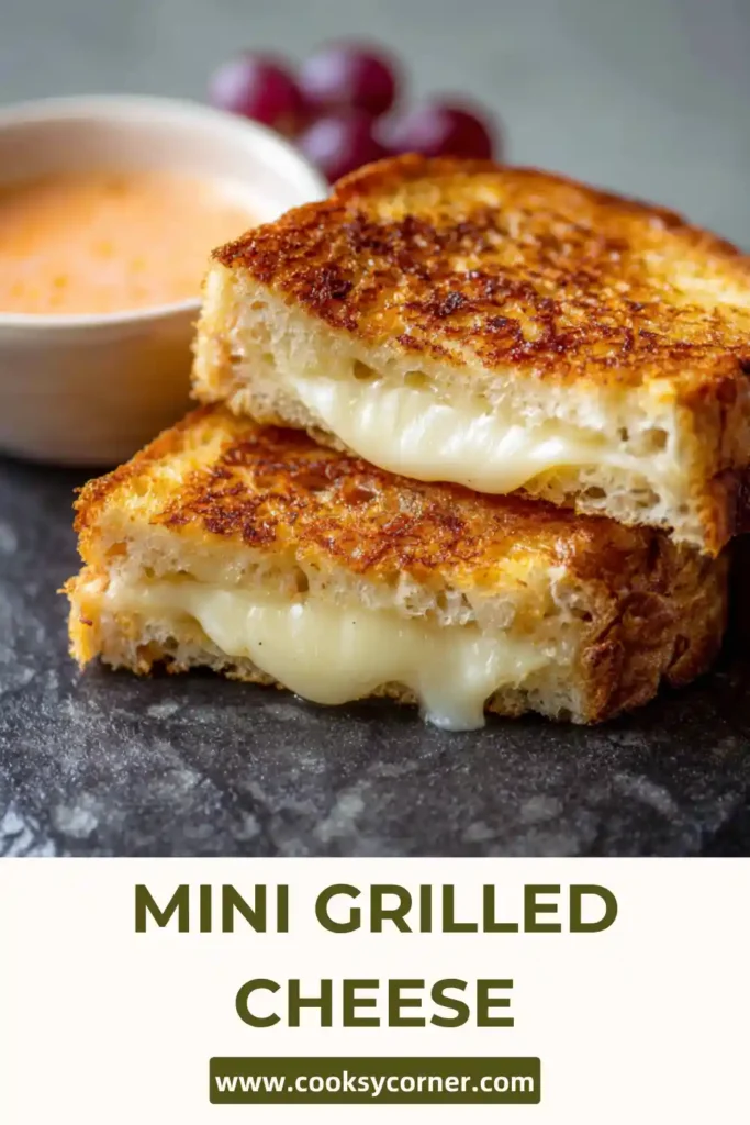A plate of bite-sized grilled cheese sliders with melted cheese and herbs.