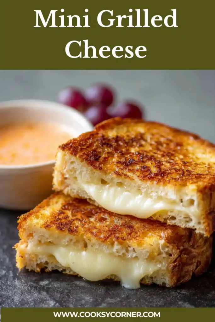 Mini grilled cheese sandwiches with golden crispy bread and melted cheese inside arranged on a plate.