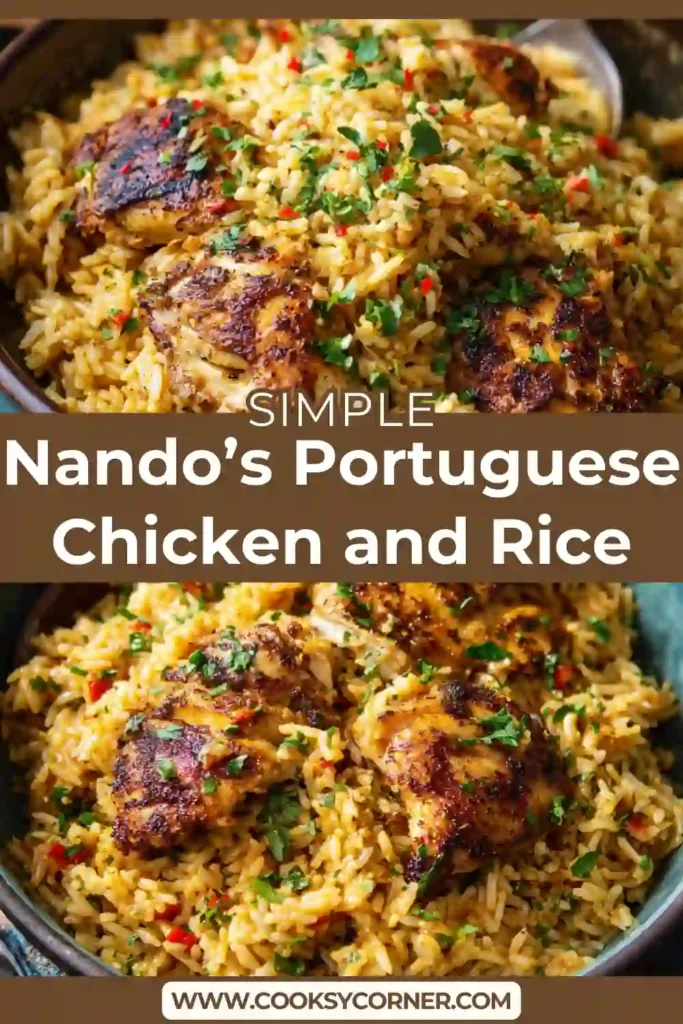 Nando’s style spicy rice topped with seasoned chicken and green onions.
