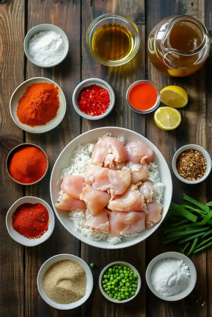 Homemade Portuguese chicken rice served in a bowl with garnish.