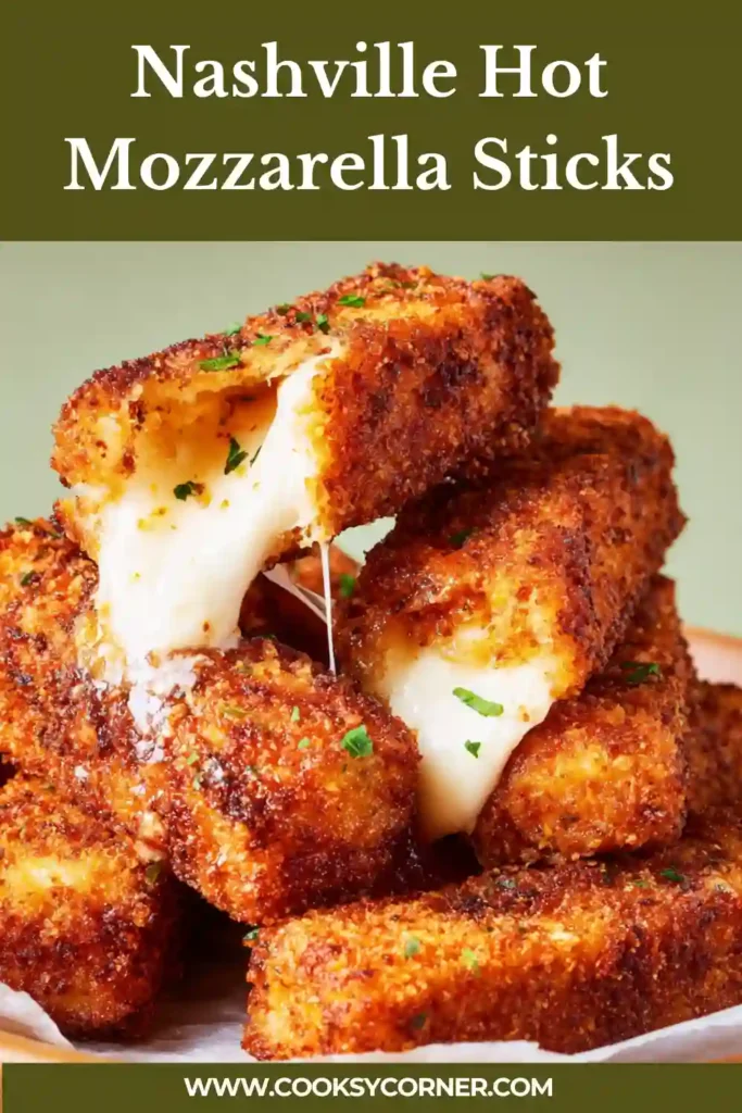 Spicy mozzarella sticks with crispy crust and gooey cheese pull.