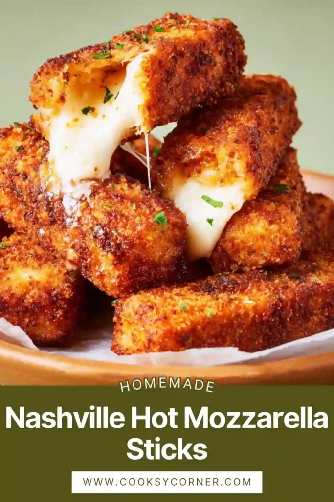 Golden fried mozzarella sticks coated in Nashville hot sauce with melted cheese inside.