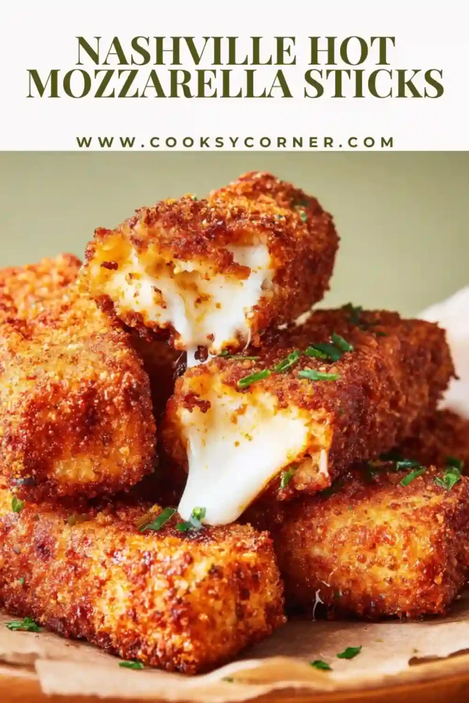 Nashville hot mozzarella sticks with crispy coating and spicy seasoning served with ranch dip.