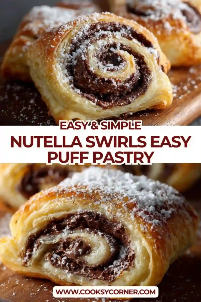 Nutella swirls made with puff pastry baked until golden and flaky with chocolate filling.