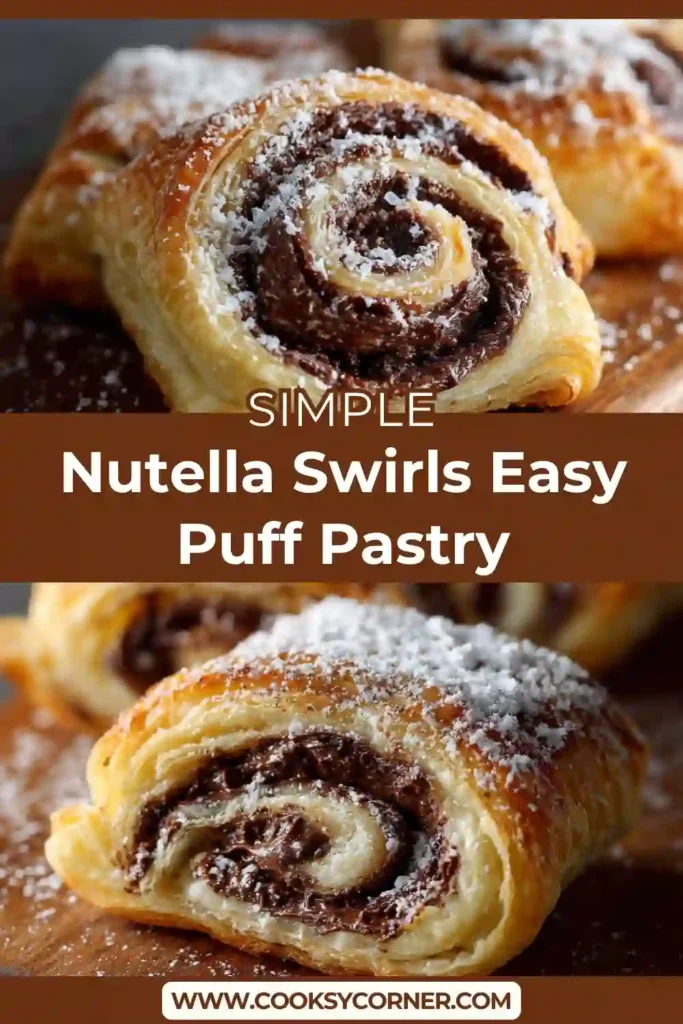 Freshly baked Nutella swirls dusted with powdered sugar on a tray.