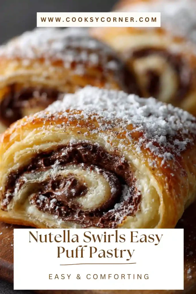 Close-up of chocolate hazelnut puff pastry swirls with crispy layers.