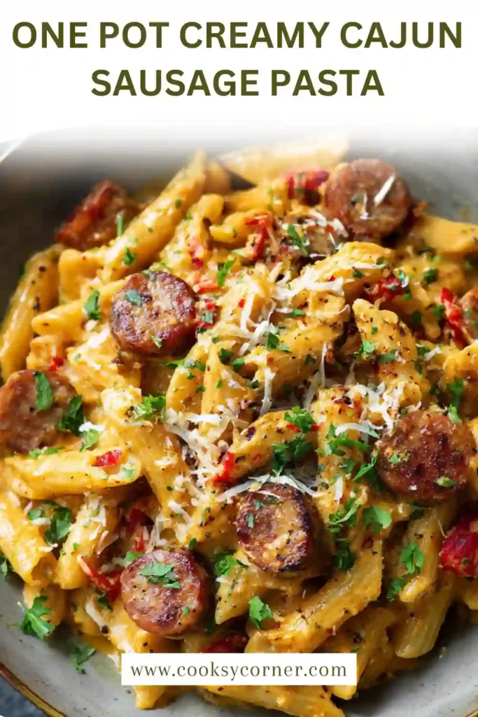 Homemade Cajun sausage pasta with creamy sauce and fresh parsley.