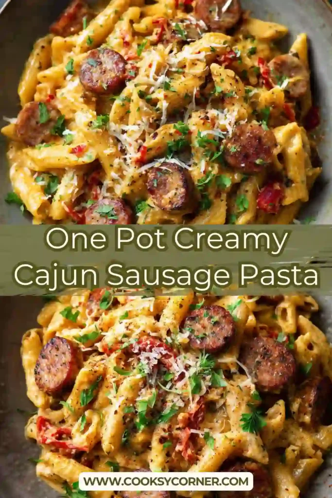 One pot creamy sausage pasta with mushrooms and colorful bell peppers.
