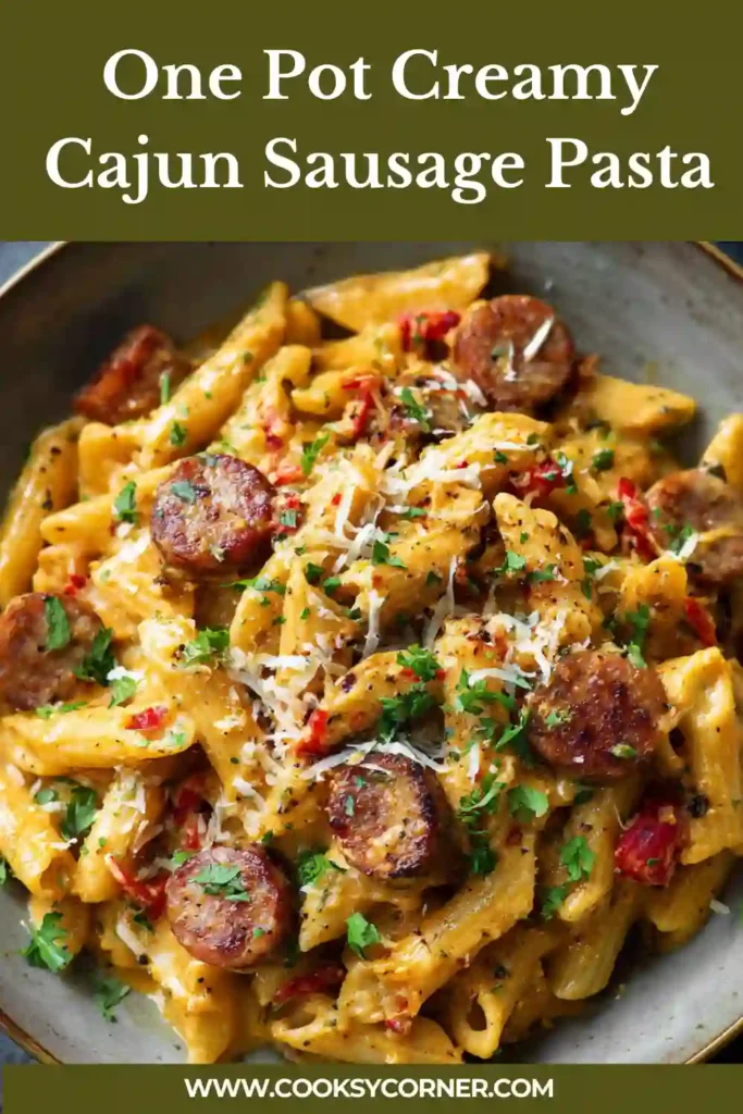 Creamy Cajun sausage pasta in a skillet with penne, peppers, and creamy Cajun sauce.