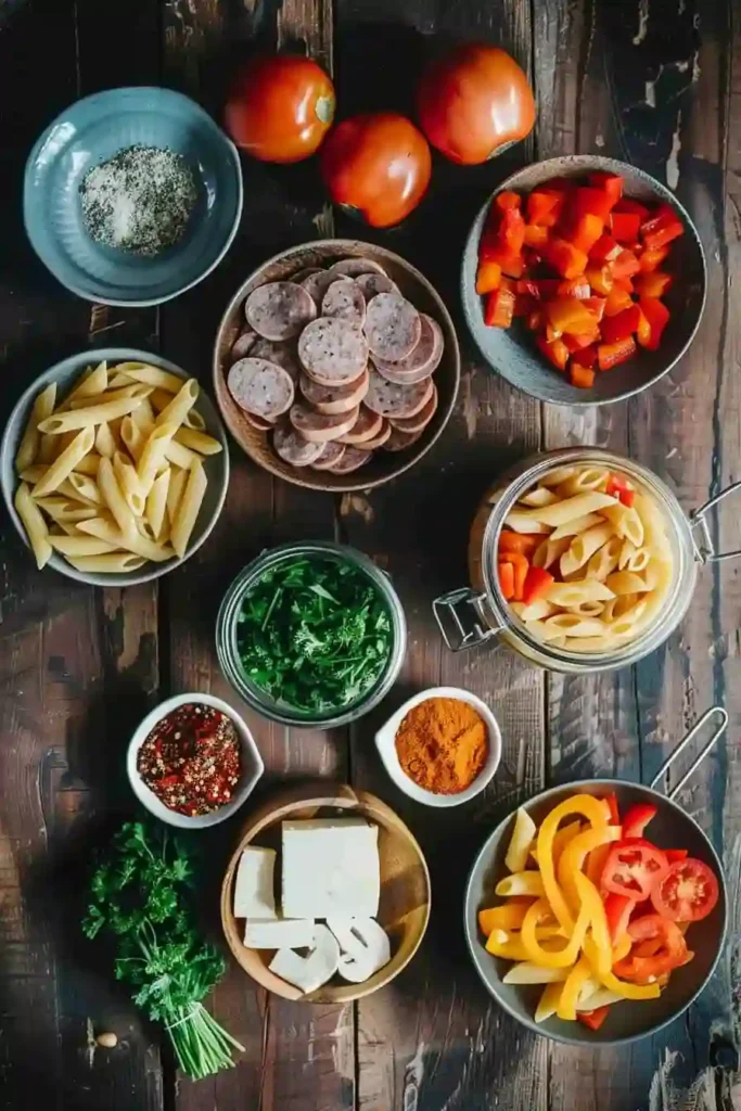 Skillet Cajun pasta with beef sausage and creamy spicy sauce.