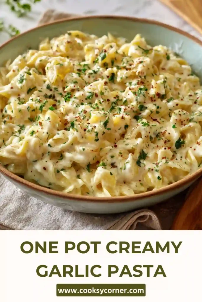 Close-up of creamy garlic parmesan pasta coated in rich sauce.