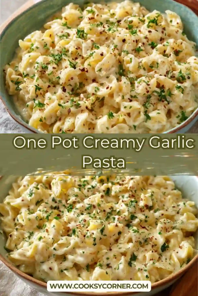 One-pot creamy garlic pasta with silky parmesan sauce and tender pasta.
