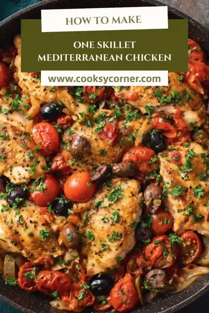 Easy Mediterranean chicken dinner served in a skillet with bright tomatoes and fresh herbs.