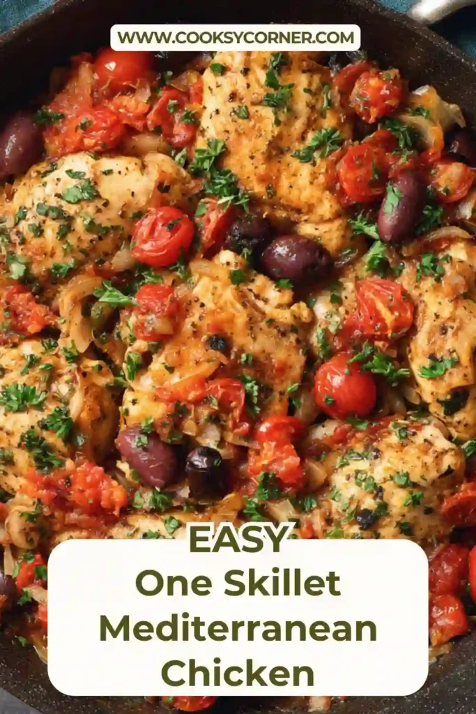 Mediterranean chicken recipe with tender chicken, diced tomatoes, olives, and basil simmered in a skillet.
