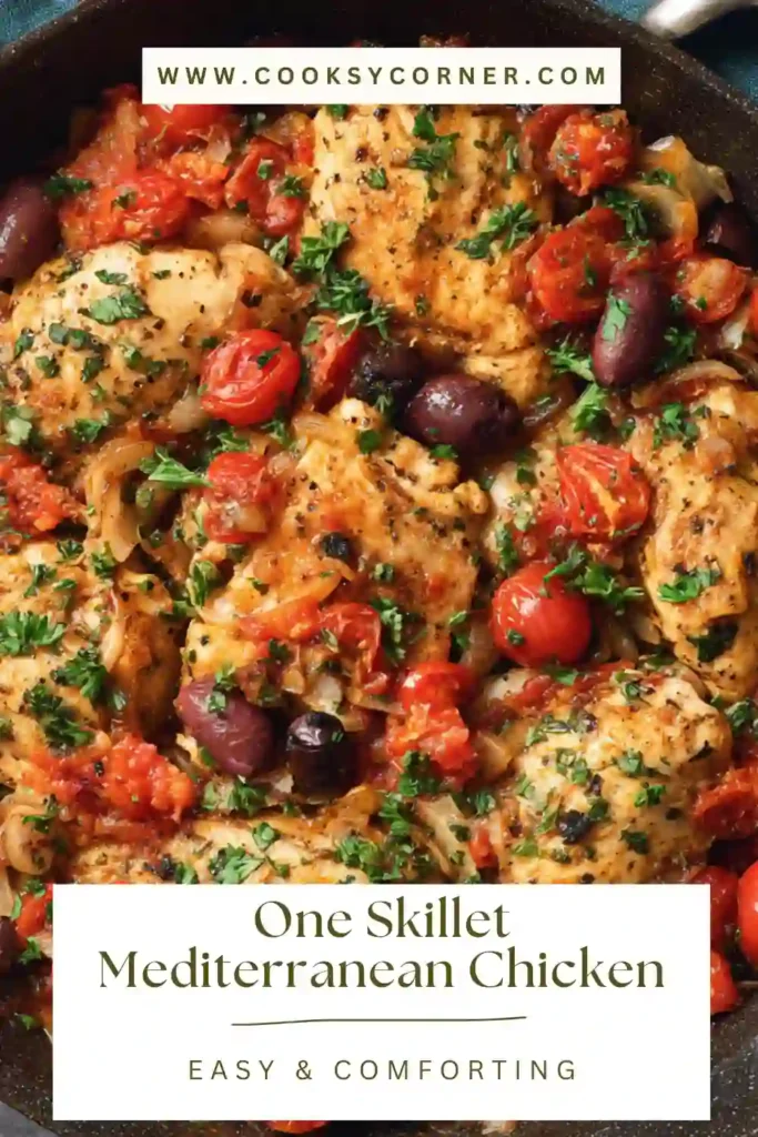 One skillet Mediterranean chicken cooked with cherry tomatoes, olives, garlic, and fresh herbs in a cast iron pan.