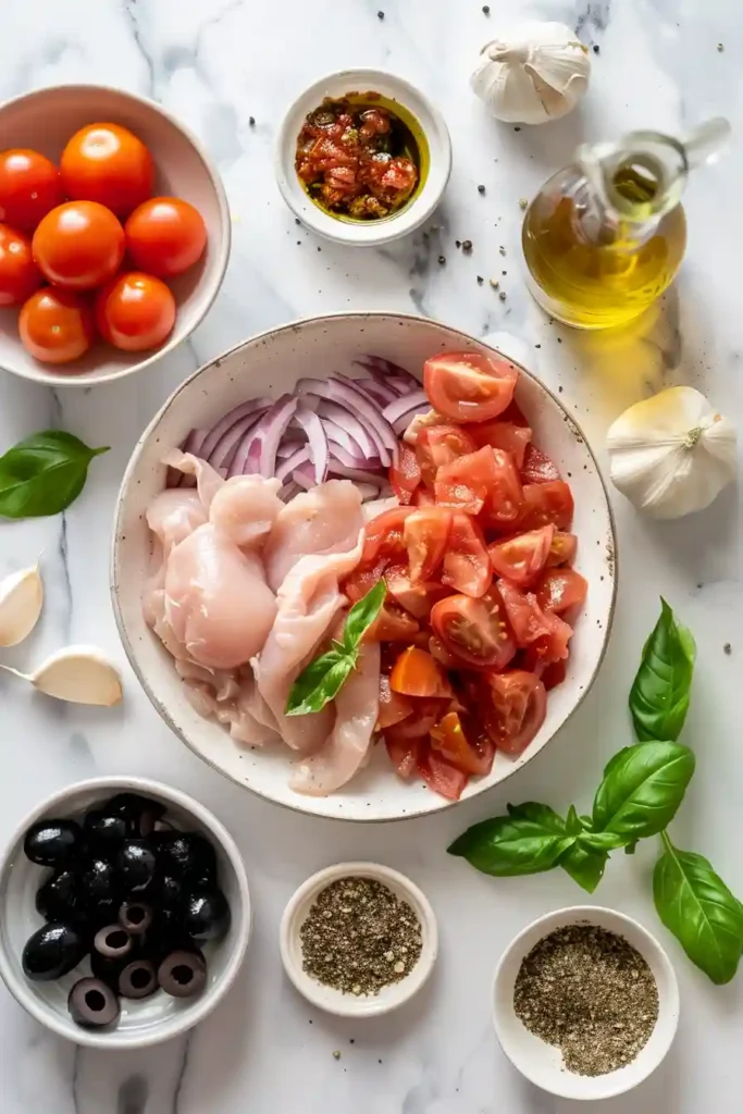 Flavorful Mediterranean chicken with olives and tomatoes cooked in a one-pan skillet recipe.