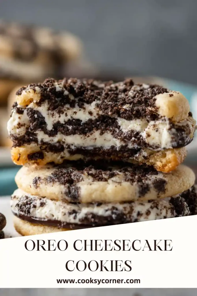 Close-up of stuffed Oreo Cheesecake Cookies with a soft chewy texture and cookies and cream filling.