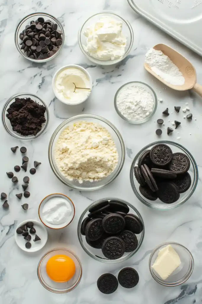 Freshly baked Oreo Cheesecake Cookies cooling on a baking sheet with melted chocolate chips and Oreo bits visible.