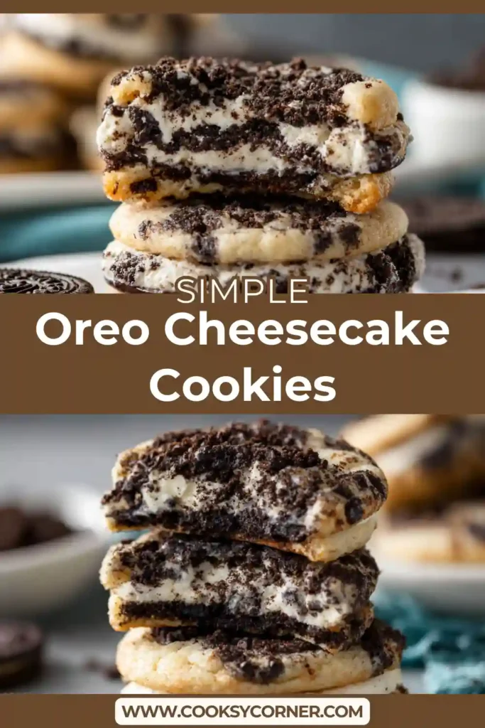 Bakery-style Oreo Cheesecake Cookies showing the creamy cheesecake filling inside surrounded by chocolate chips and Oreo pieces.