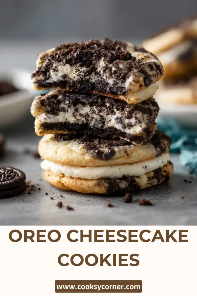 Thick Oreo Cheesecake Cookies with a creamy cheesecake center and visible Oreo chunks baked until golden brown. The cookies are soft and slightly cracked on top.