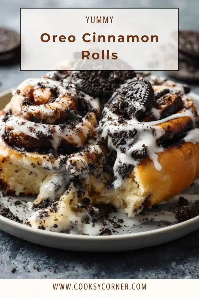 Soft homemade cookies and cream cinnamon rolls with chocolate filling and creamy frosting.