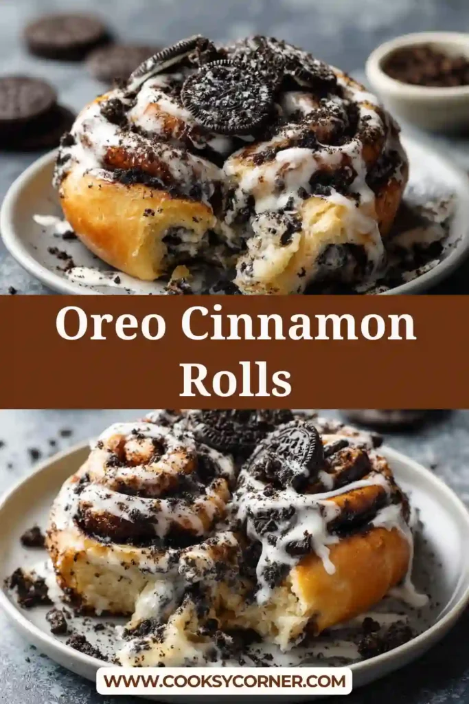Freshly baked Oreo Cinnamon Rolls topped with cream cheese icing and crushed Oreo cookies.