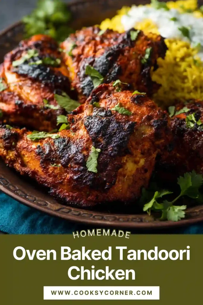 Indian-style baked tandoori chicken with mint yogurt sauce on the side.