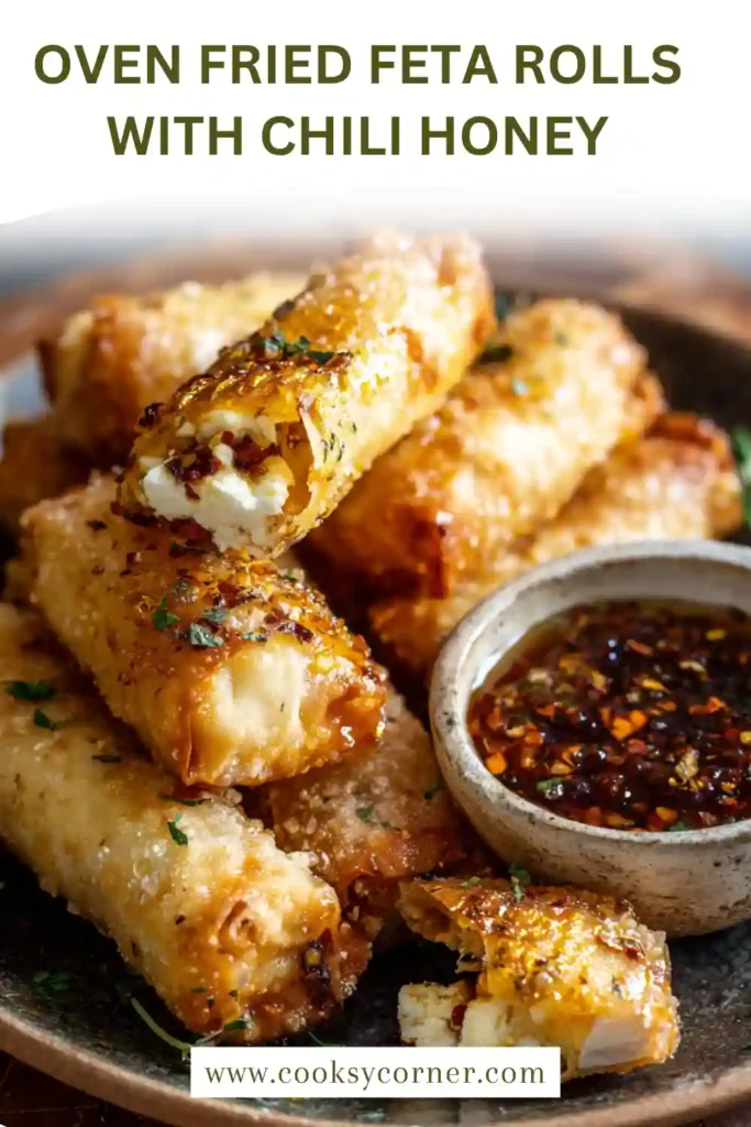 Close-up of crispy feta rolls with herbs and honey drizzle. Golden brown and freshly baked.