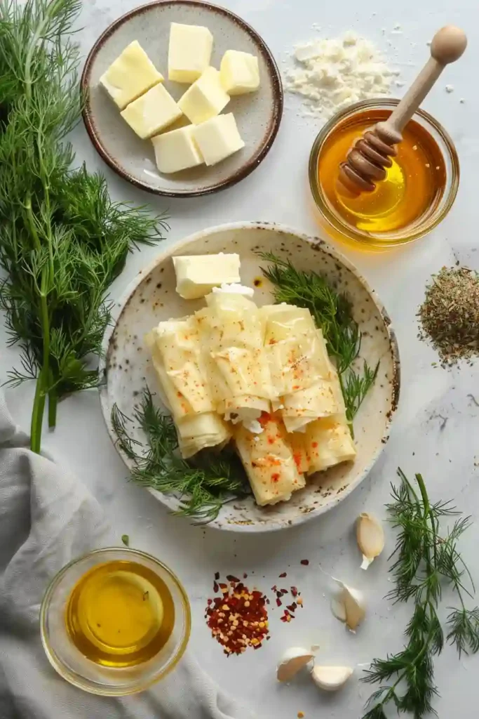 Mediterranean-style feta rolls served warm with chili honey dipping sauce. Elegant and flavorful presentation.