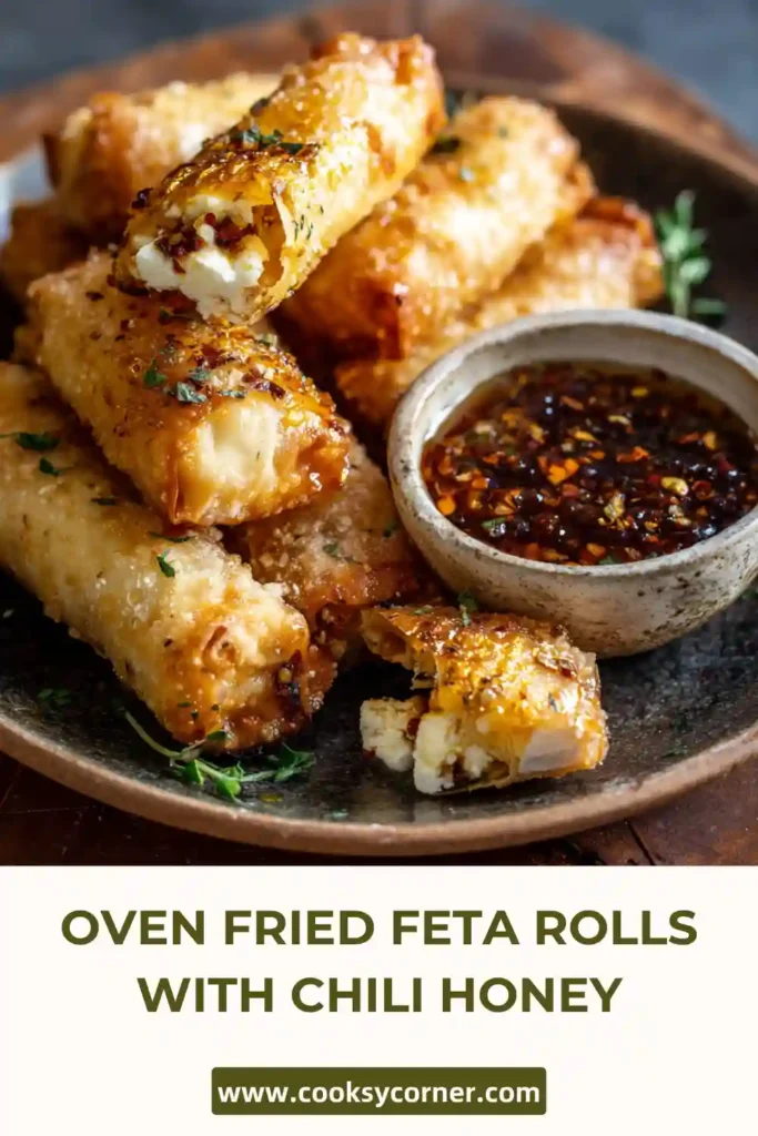 Oven fried feta rolls with crispy golden phyllo and chili honey drizzle served on a plate. Flaky texture with creamy filling visible.